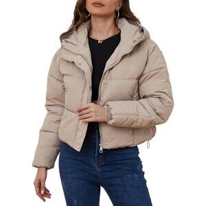 〽️Women's Kahki Yimoon Winter Cropped Puffer Hooded Zip Up Warm Quilted Jacket